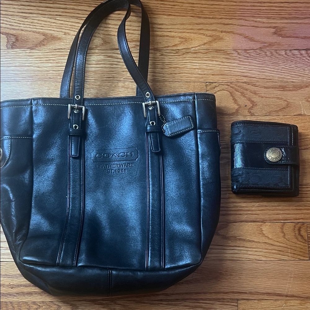 Vintage Coach Hampton Gallery Black Leather Tote with “Matching” Wallet